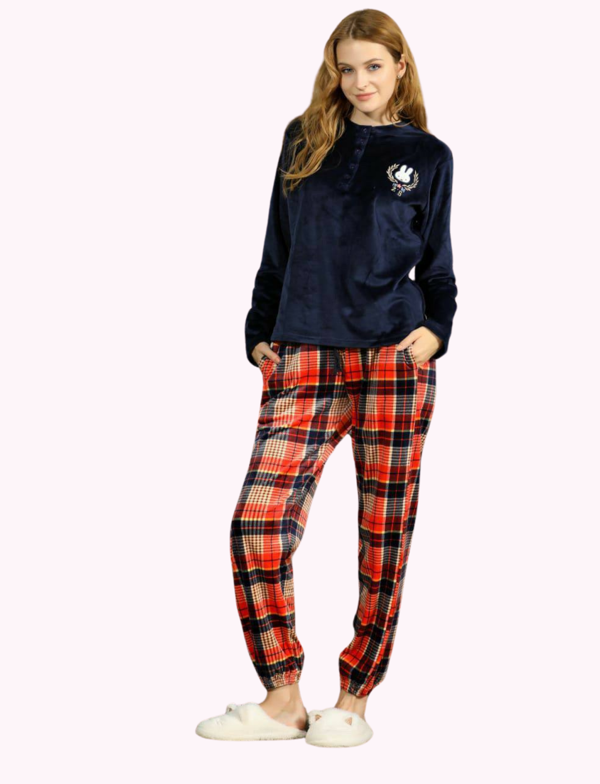 Women's Velvet Round Neck Embroidered Pajamas with Plaid Pants