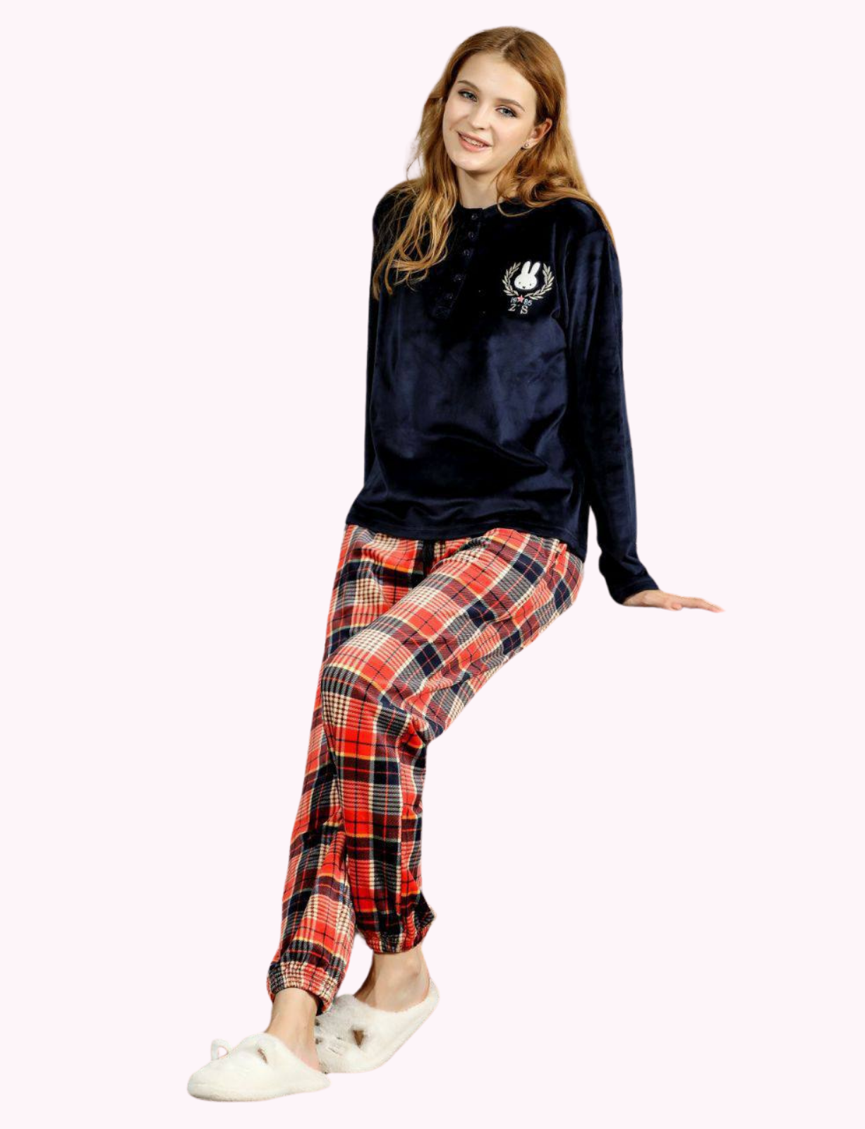 Women's Velvet Round Neck Embroidered Pajamas with Plaid Pants