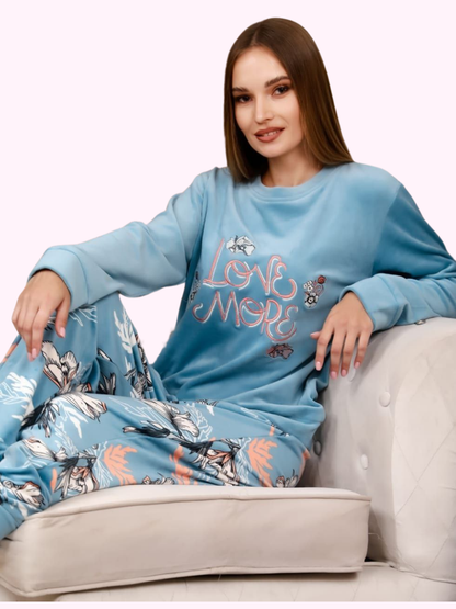 Women's Pajamas - Blue "Love More" Print Top with Floral Print Pants