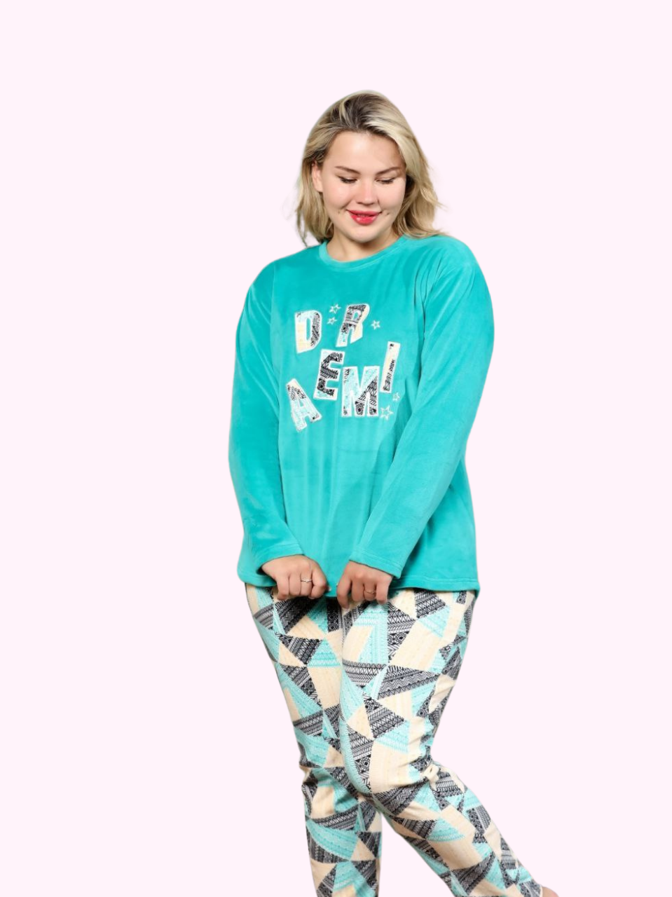 Women's loose pajamas - blue blouse with "Dream" embroidery with patterned pants 