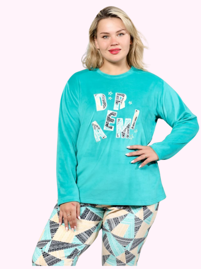 Women's loose pajamas - blue blouse with "Dream" embroidery with patterned pants 