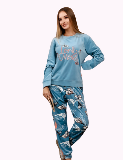 Women's Pajamas - Blue "Love More" Print Top with Floral Print Pants